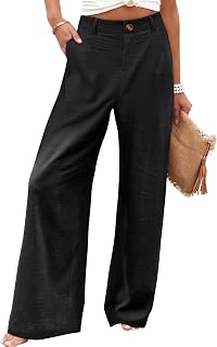 Womens Cotton Linen Pants Casual Button Up High Waisted Wide Leg Trousers