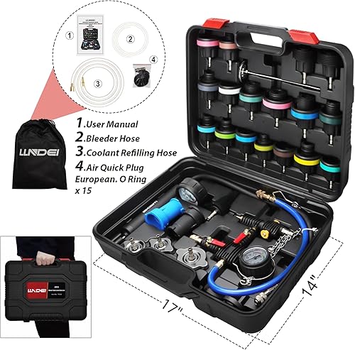 Miniatura 2 de LLNDEI Kit de probador de presión de radiador de refrigerante, sistema de enfriamiento de prueba de 28 piezas, juego de fugas y recargas de vacío