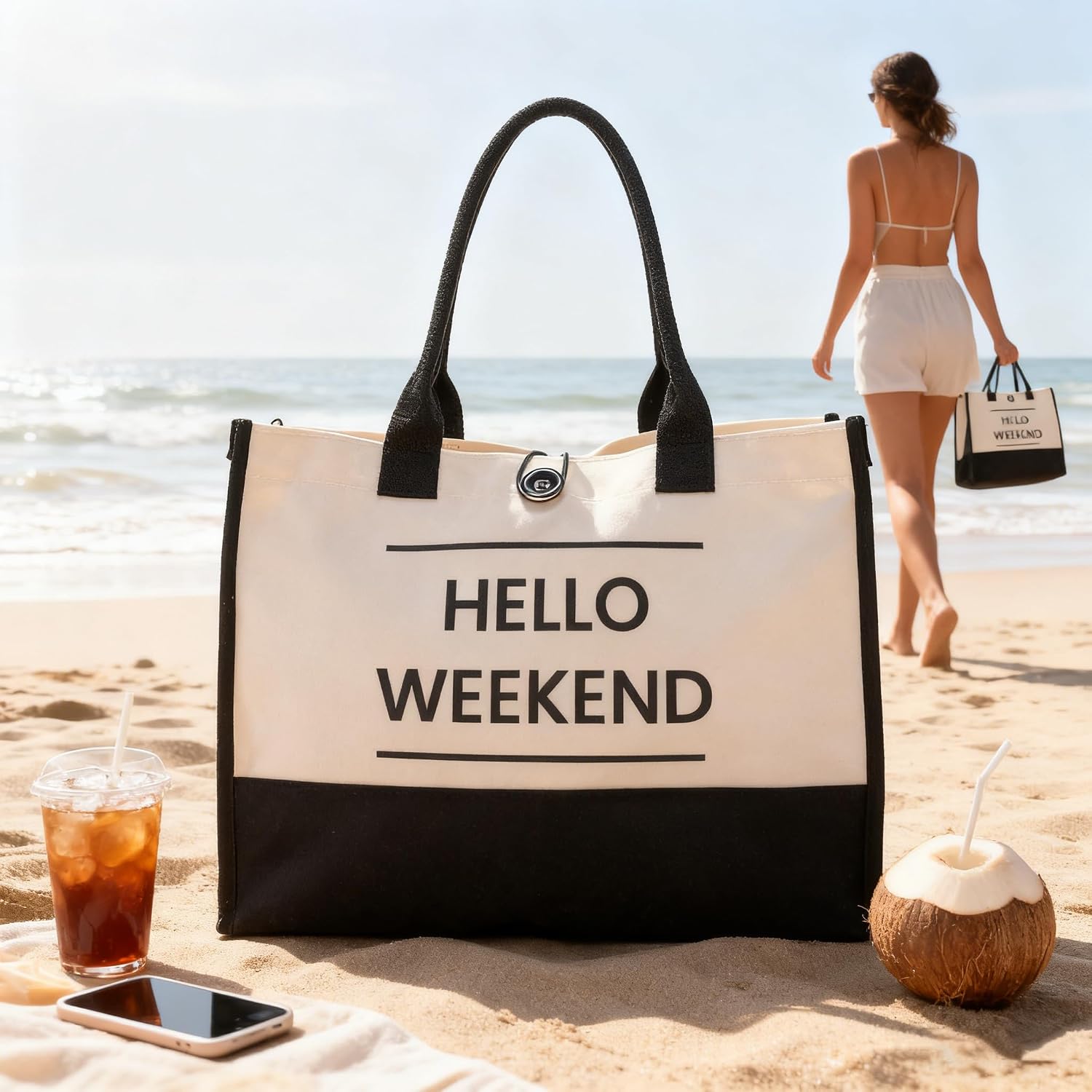 JOLLQUE Hello Weekend Beach Tote Bag, Large Waterproof Travel Foldable Canvas Handbag Purse, Summer Shoulder Bags for Women