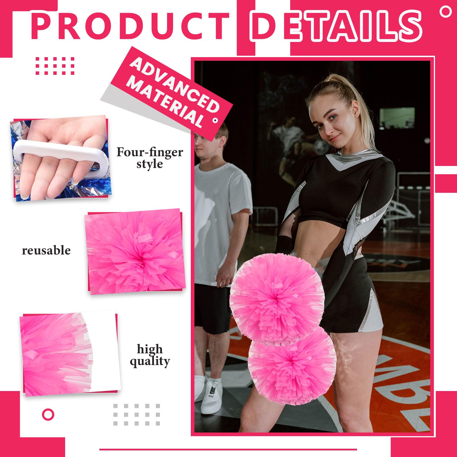 12er Pack Cheerleading Pompoms, Sport-Tanz-Pompoms aus Kunststoff für Teamgeist und Anfeuerung (Rosa)