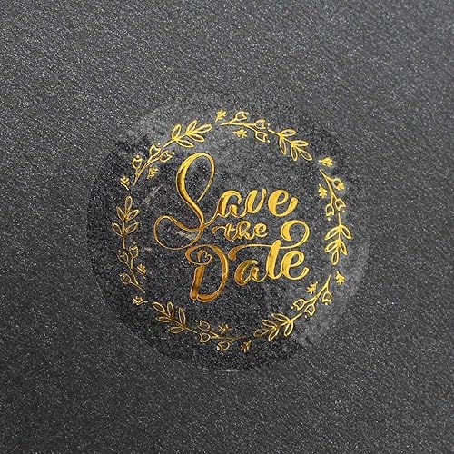 Miniatura 2 de 100 x Save the Date Metal Labels Real Gold Foil Embossed Transparent Stickers Shower Party Invitation Stickers Round Self Adhesive Vinyl Labels 1.6