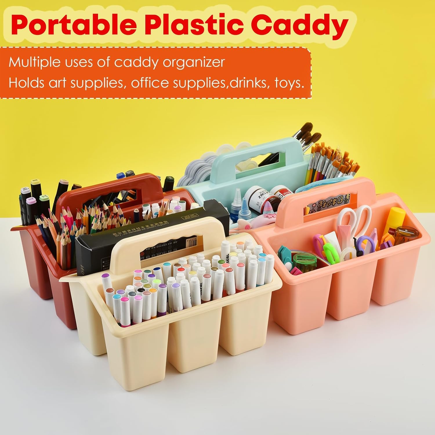 ALINK Classroom Caddy Storage Basket with Handle, 6 Pack Plastic Arts Office Crafts Caddy 4 Compartments for Kids, Pencil, Crayon, Marker, School Supplies - Macaroon