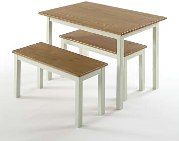 Zinus, Juego de mesa y banco de madera Becky de 114 cm con dos bancos, Conjunto de tres piezas de madera maciza estilo casa de campo, Montaje sencillo