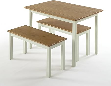 Zinus Becky 45 Inch Wood Dining Table with Two Benches/Farmhouse Solid Wood 3 Piece Set/Easy Assembly