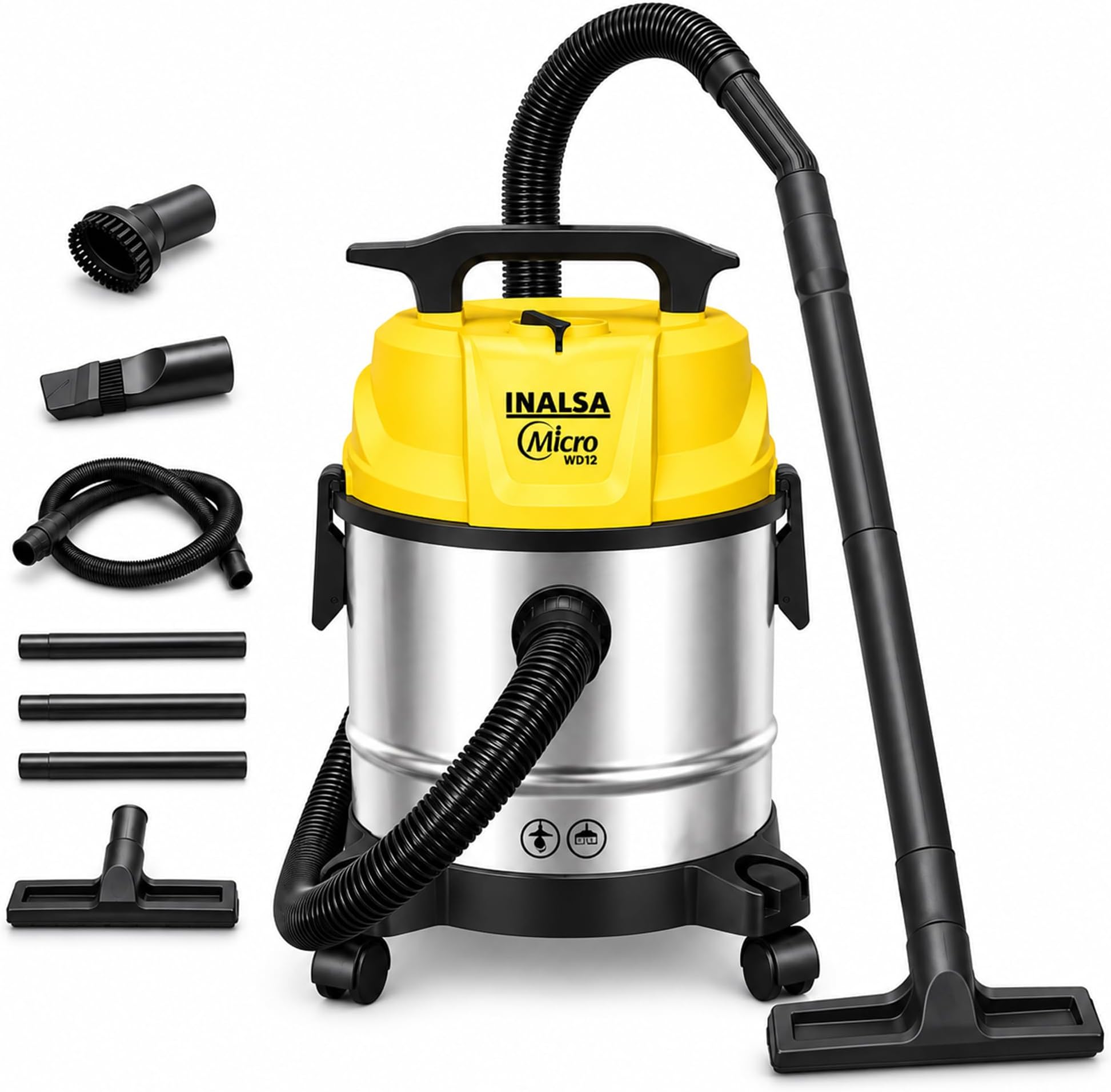 INALSA Wet and Dry Vacuum Cleaner for Home, 12 LTR Capacity,1200 W, 17 kPa Suction, Blower Function, Wet Vacuum Cleaner for Sofa, House Cleaning Machine,Stainless Steel Body (WD 12)