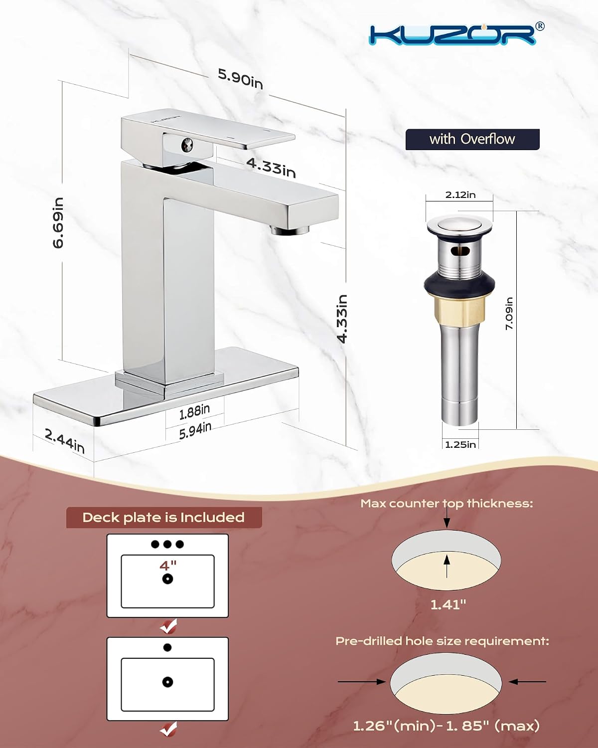Bathroom Faucets Stainless Steel, 5-Minutes Installation, Single Hole Sink Faucet for Bathroom/Vanity/Rv - 4.33 in Spout High - Chrome