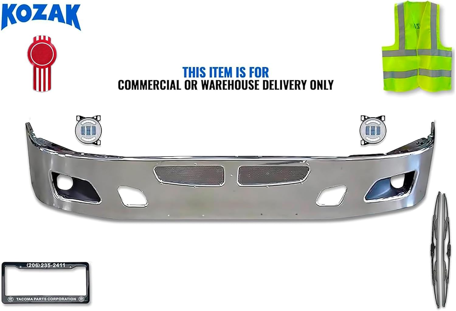 Kozak 14" Chrome Steel One Piece Assembly Bumper with High Power Projector Foglights Compatible with Kenworth T660 PLUS Logo, Wipers, License Plate Frame and Vest