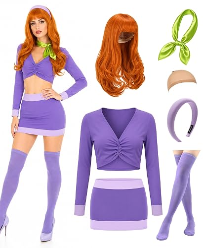YOGFIT 7PC Purple Cosplay Costume Set for Women, Crop Top, Mini Skirt, Scarf Headband, Thigh High Socks and Wig Cap - Purple - Medium