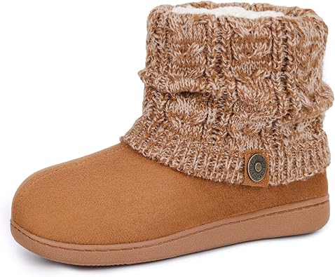 FamilyFairy Womens Woolen Yarn Knit Bootie Slippers Comfy Warm Plush Fleece Memory Foam House Shoes for Indoor Outdoor