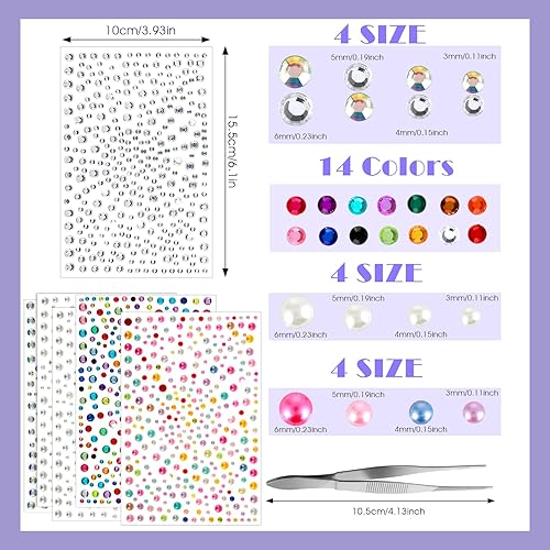 Miniatura 3 de Calcomanías de gemas faciales con pinzas, 6 hojas autoadhesivas de diamantes de imitación para la cara, cristales de maquillaje, calcomanías de