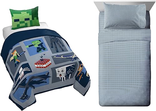 Saturday Park Minecraft Emblematic - Juego de funda de edredón tamaño individual y juego de sábanas tamaño individual a cuadros azul oscuro
