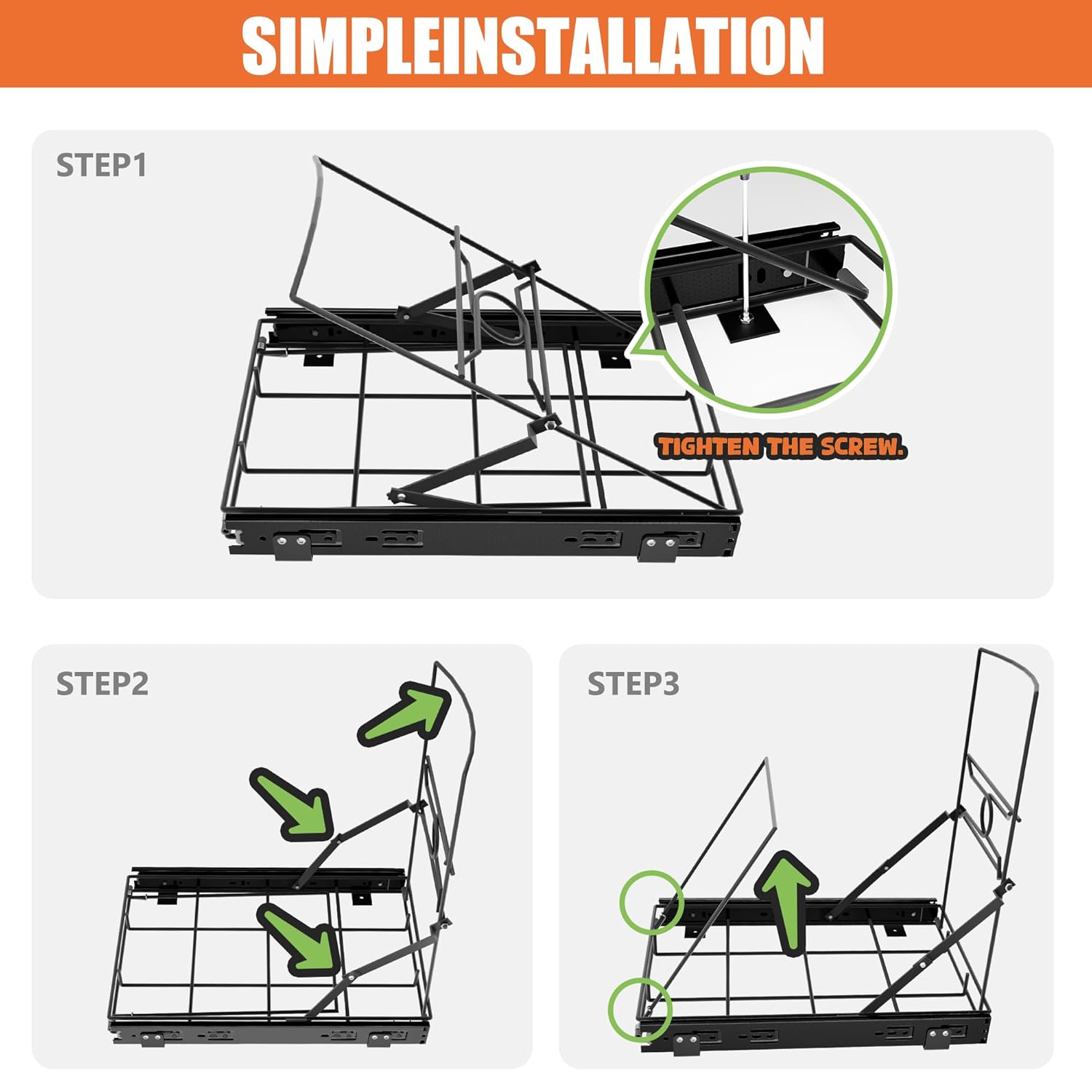 Stainless Steel Slide-Out Trash Bin Rack, Enhanced Heavy-Duty Cabinet Pull-Out System for 7–11 Gallon Cans, Black (Bin Not Included)