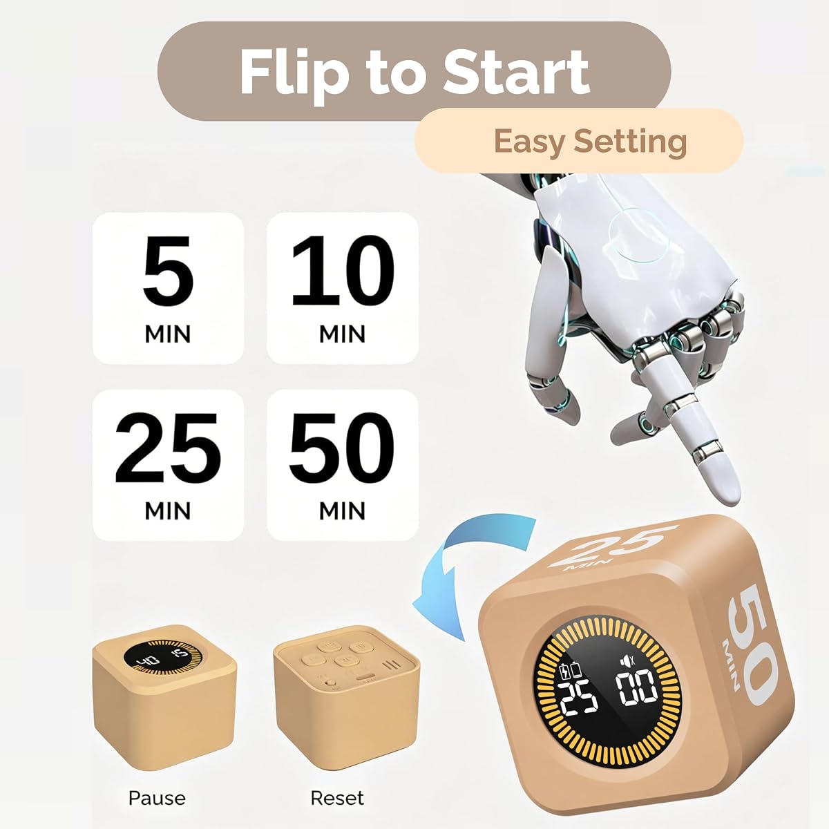 KADAMS Timer Pomodoro - Productivity Pomodoro Cube, 5/10/25/50 Min Countdown & Countup, Silent – for Work Study Workout Kitchen School Classroom Office ADHD Gift Kids (1, Light Mocha) Light Mocha 1 image 1
