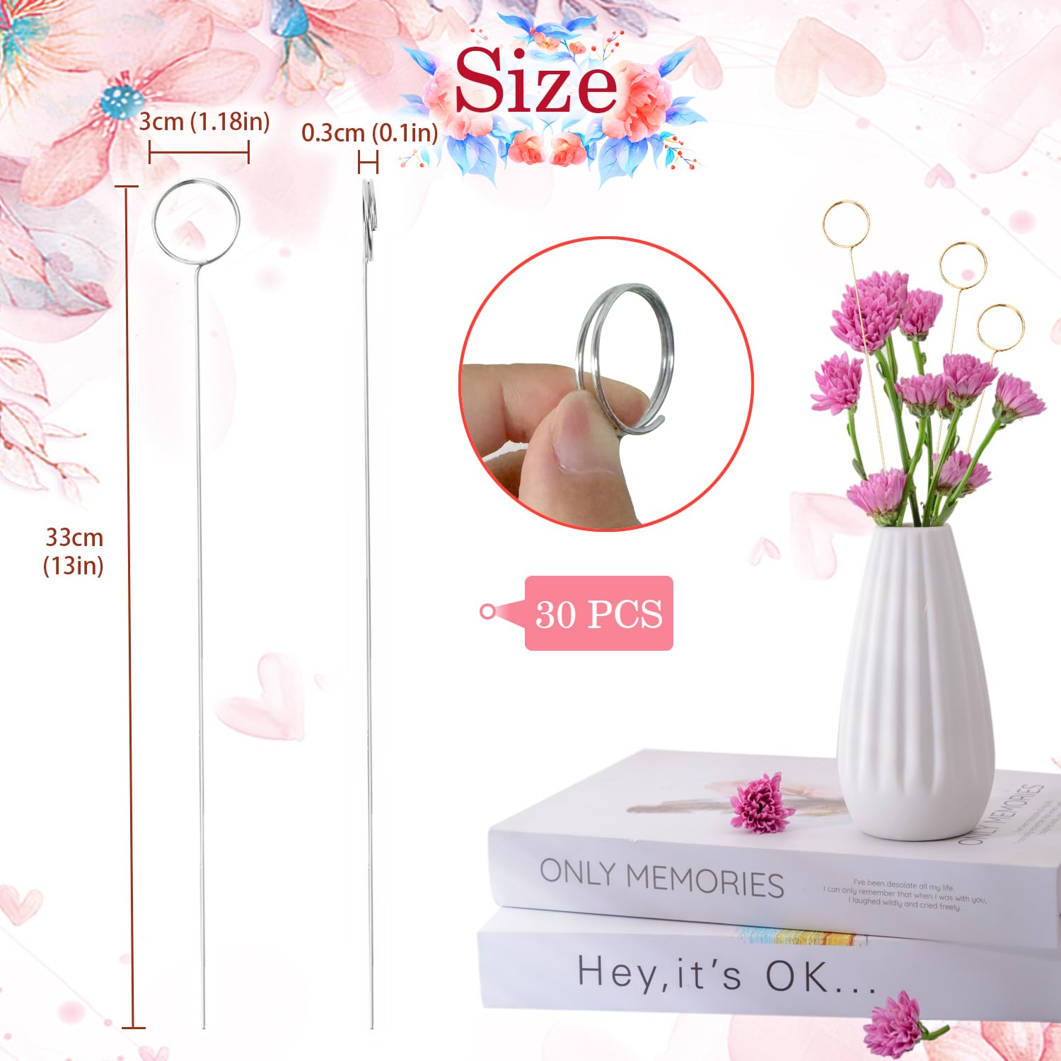 30 Stück Tischkartenhalter mit Blumenmuster, 33 cm, florales Kartenhalter, Metalldraht, Foto-Notizhalter, runder Blumen-Gastgeschenkkartenhalter für Hochzeit, Party, Kuchen (Silber, ​ 30 Karten)