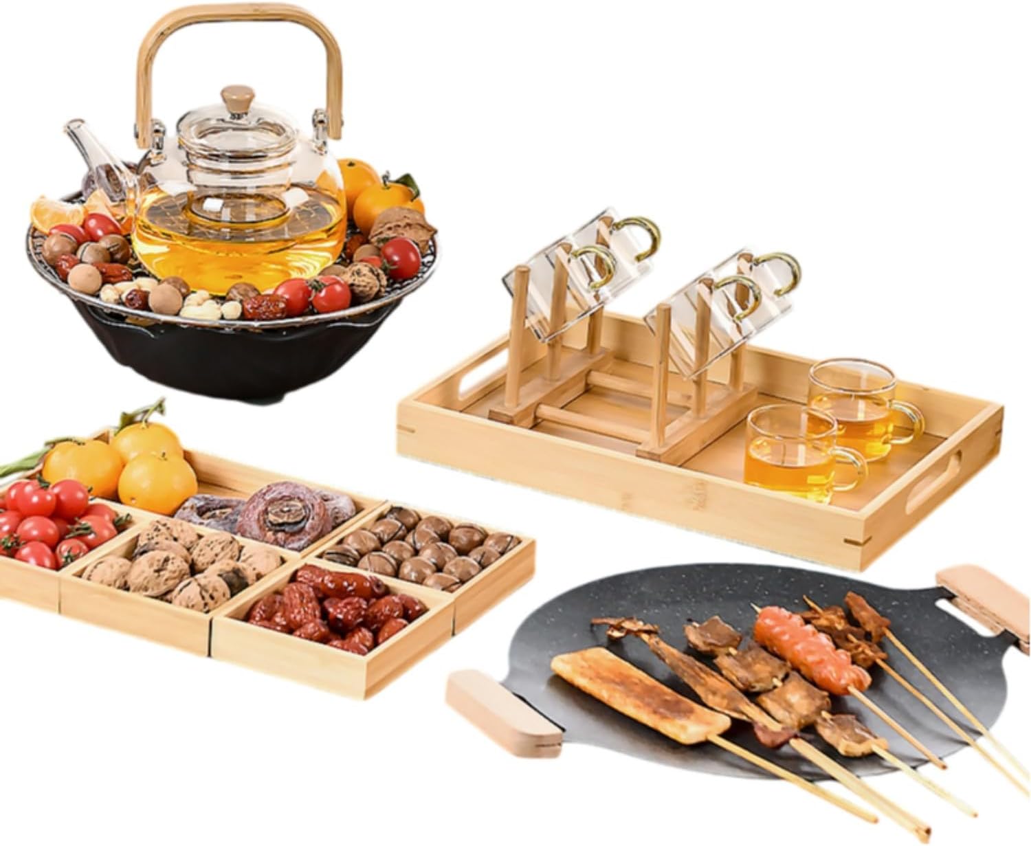 围炉煮茶家用室内煮茶炉套装2026新款款电 Ceramic Kung Fu Tea Set,teapot,Teacups,warming Wedding Birthday Gift,Tea Tray Chinese,Dishwasher Safe 荷塘月色+900提壶+果盘+六杯+杯架+烤盘+网-1L以上