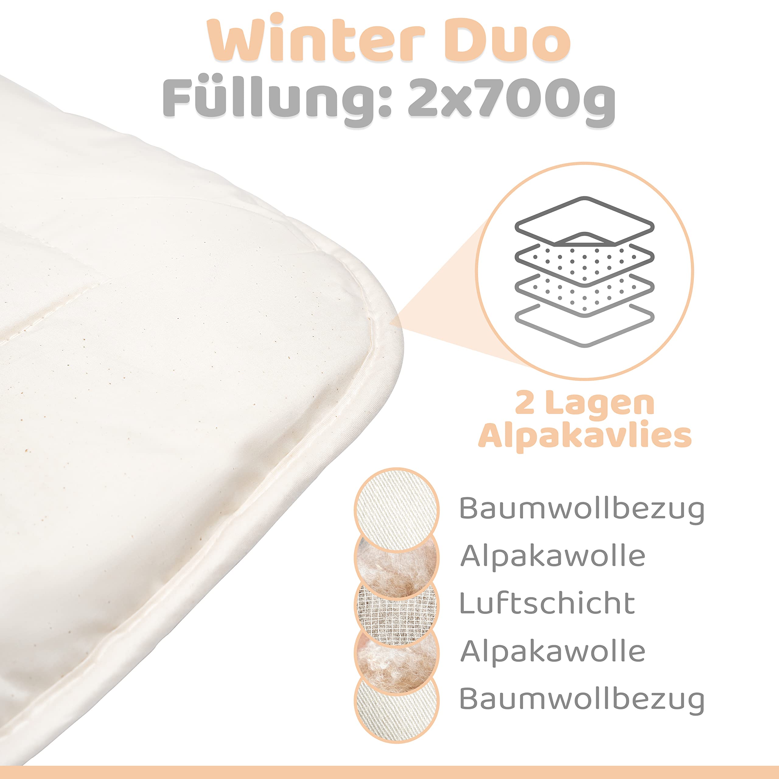 Engelshof Alpaka Winterdecke 135x200 cm warme Winter Bettdecke zweilagig Füllung 100% Alpakawolle (1.400g) Winterbettdecke warm Winter