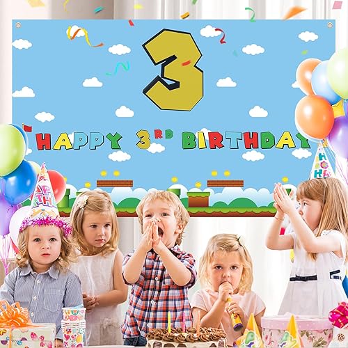 Miniatura 5 de Cartel de tercer cumpleaños de Super Brother, telón de fondo de cumpleaños de videojuegos para niños y niños, suministros de decoración de fiesta de