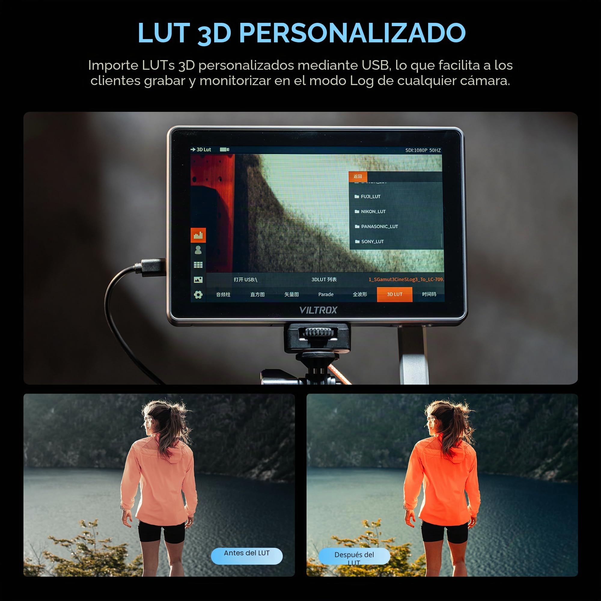 VILTROX DC-L2 7" SDI Monitor de Campo para cámara, Pantalla táctil IPS HD 1280x800 con Entrada/Salida HDMI y SDI 4K, 600 nits LUT 3D, Focus Peaking Asistencia Video, Forma Onda Completa, batería F550