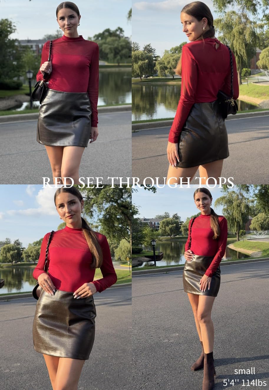 Zeagoo Long Sleeve Shirts for Women's Lace Tops Mesh Sheer Crew Neck Shirts Sexy Fall Going Out Blouse - Image 6