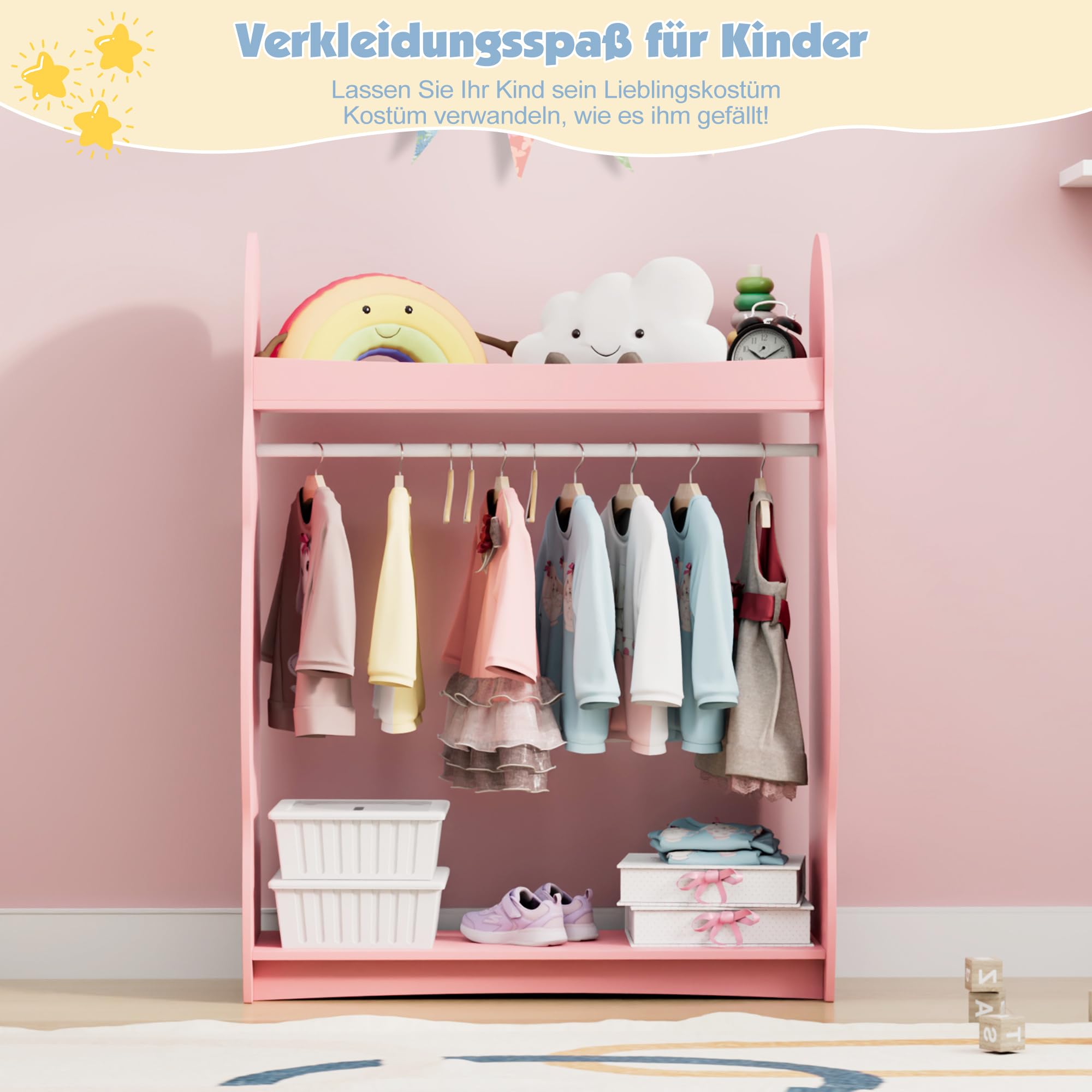 NACHES Kleiderständer Kinder Garderobenständer mit Ablagen, Spiegel und Haken Kleiderstange Garderobe aus Holz 81 x 28 x 106,5 cm (Wolken, Rosa)
