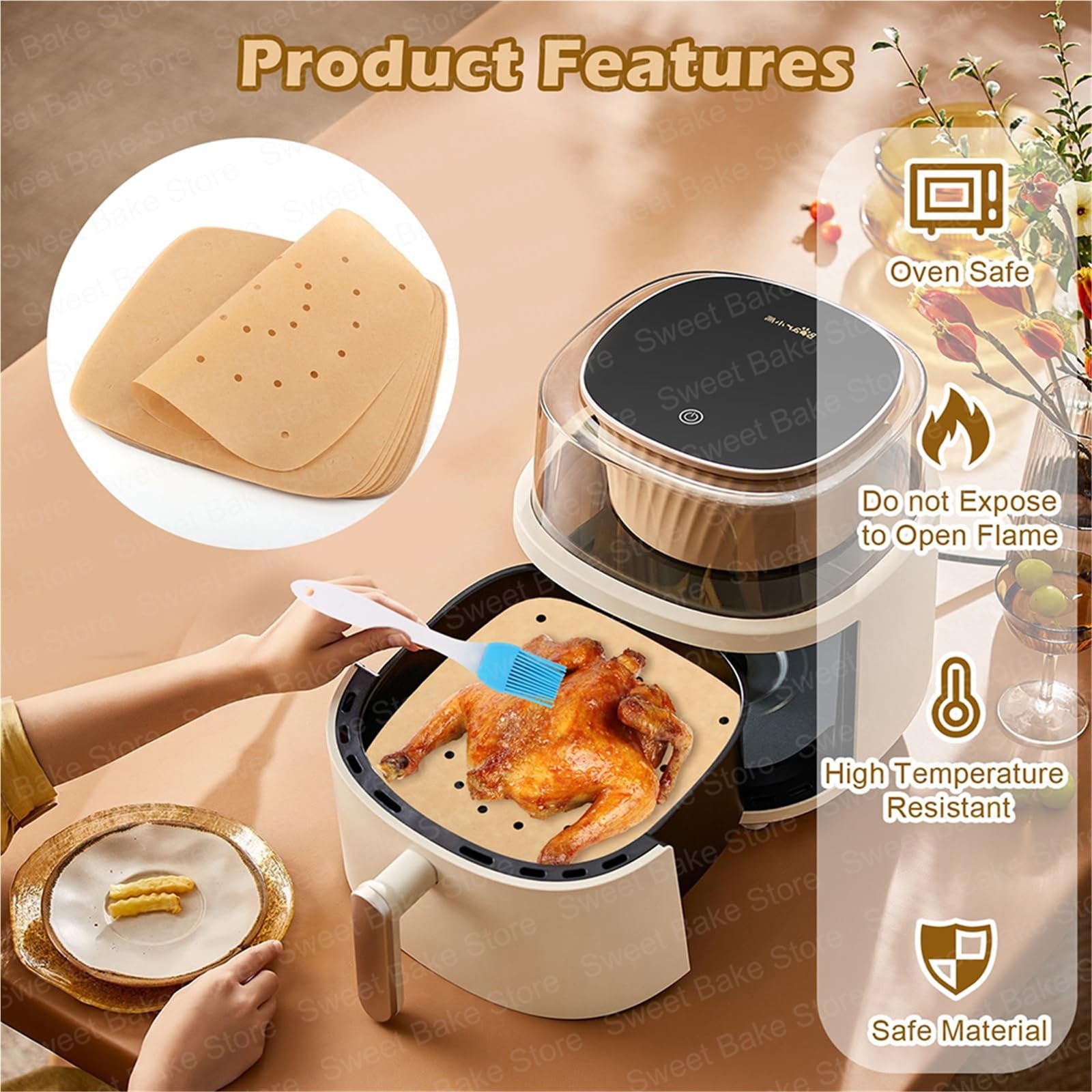 papier de charcuterie Tapis de cuisson carré perforé for friteuse à air, papier sulfurisé antiadhésif sans huile for friteuses, micro-ondes et cuiseurs vapeur(23CM 200PCS)