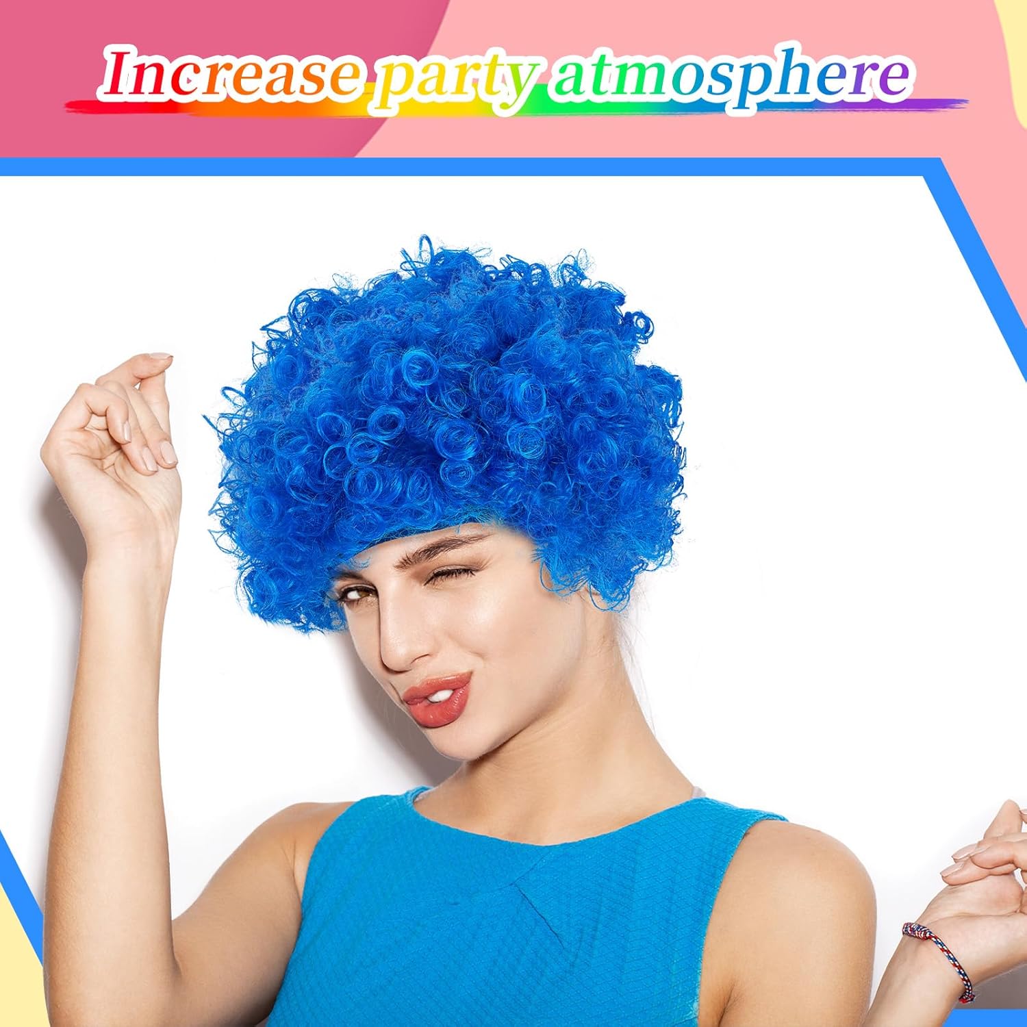 Lyrow 9 Pcs Multicolored Clown Wigs Short Curly Afro Wig Rainbow Clown Hair Funny Party Cosplay Halloween Costume Accessories for Adults Prank, Black Blue Pink White Red Yellow Purple Green - Image 4