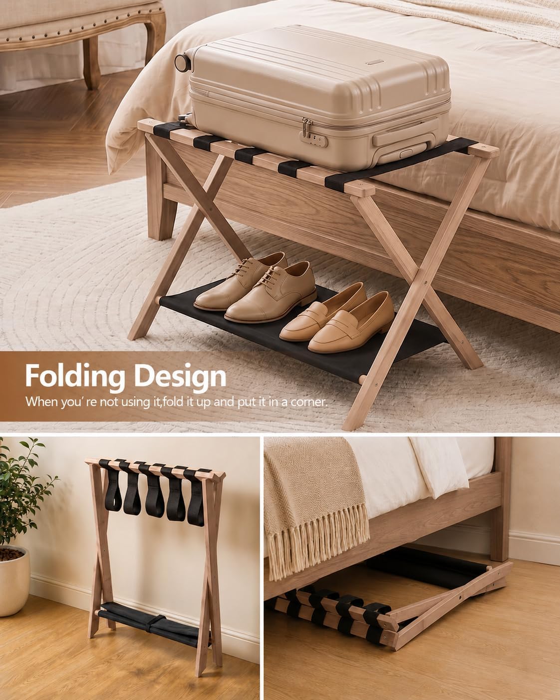 Luggage Rack, Heavy-Duty Bamboo Foldable Suitcase Stand with Storage Shelf, Fits Up to 28" Luggage, Space-Saving Organizer Holder for Guest Room, Bedroom, Hotel, Dorm and Entryway, Tea(2 Pack)