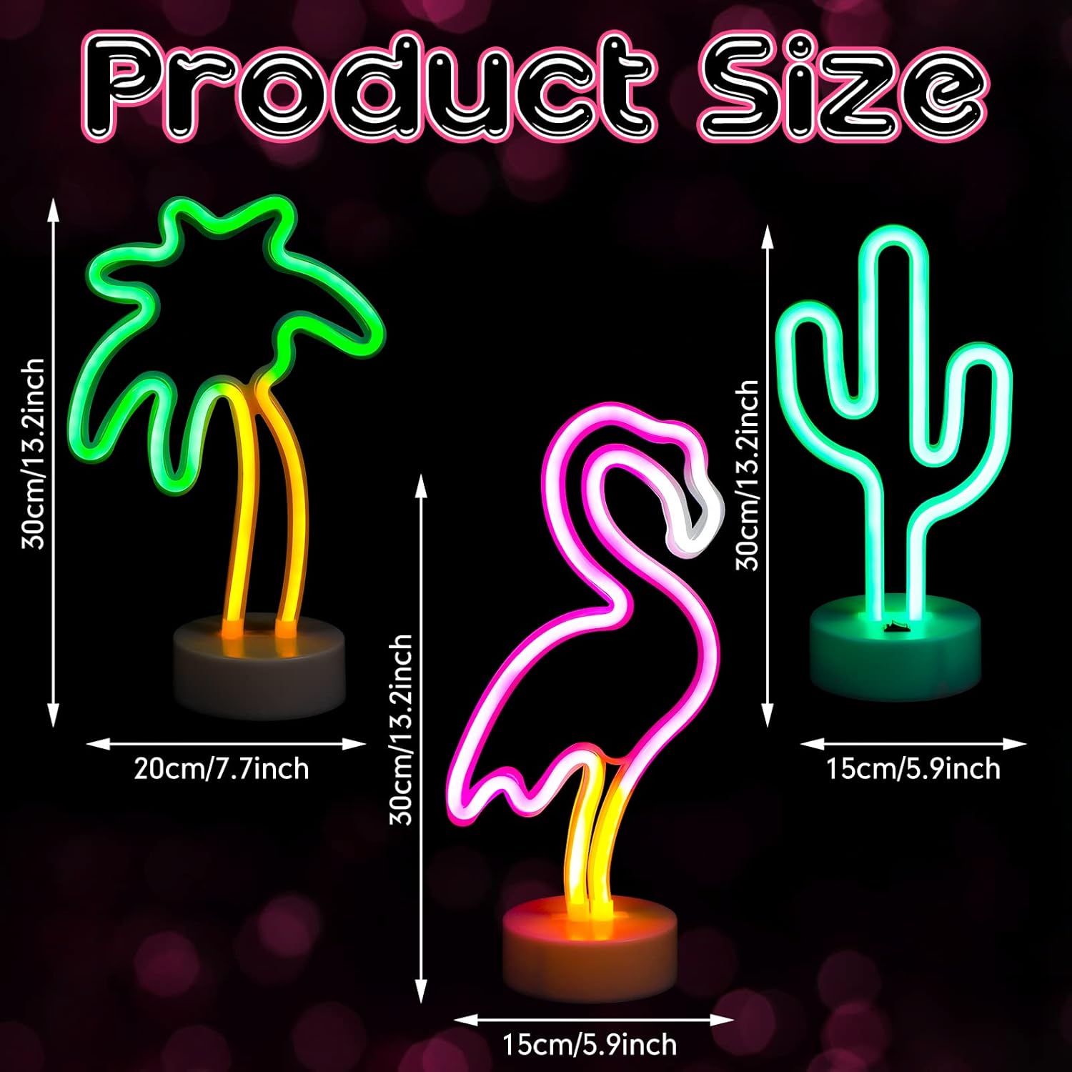 Liliful 3 Pcs Neon Signs Pink Flamingo Cactus Palm Tree Neon Lights Sign Battery/USB Powered Lights with Pedestal for Adults Bedroom Decor Hawaiian Party Birthday Gifts