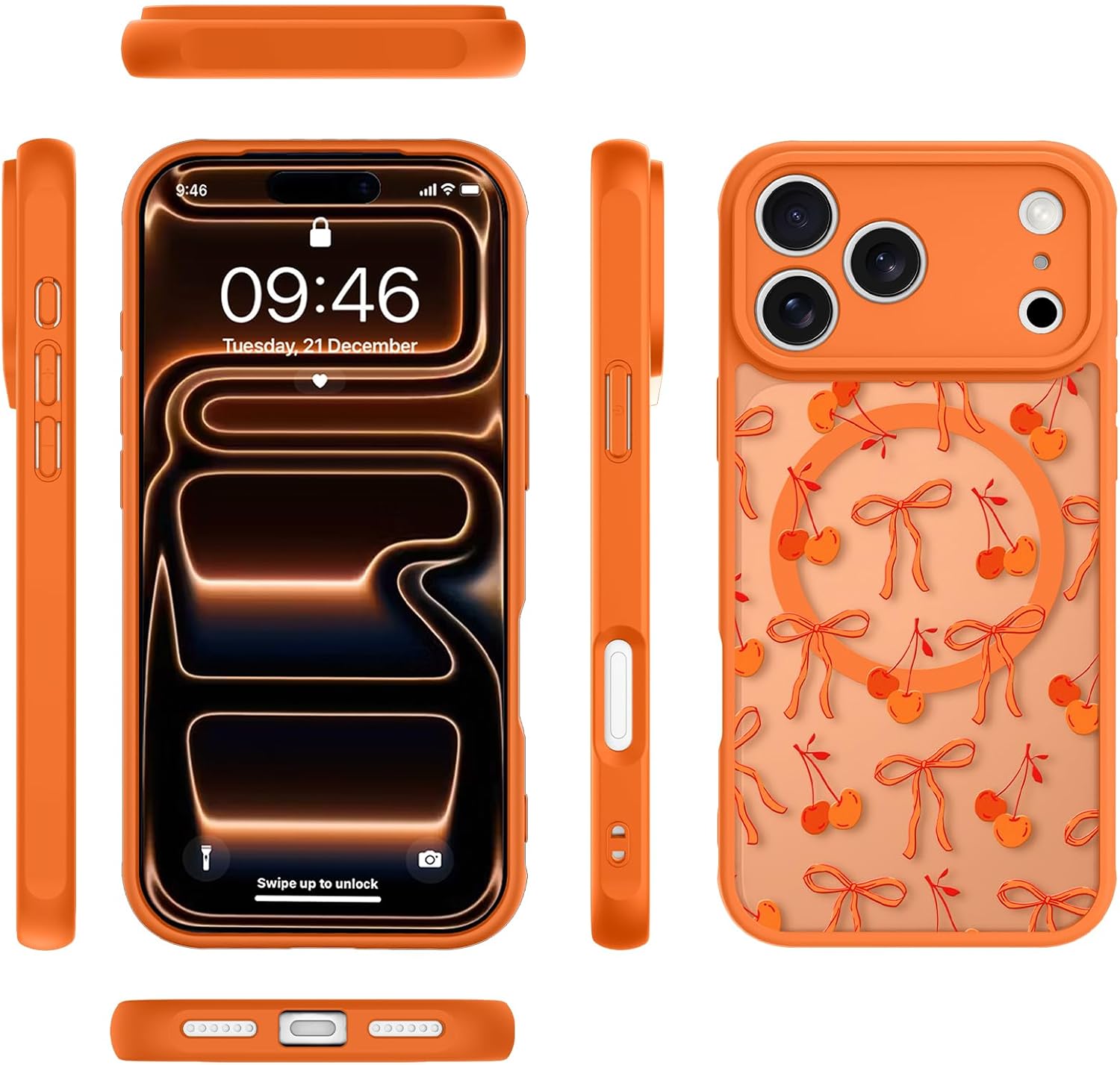 MZELQ Magnetic Case for iPhone 17 Pro Max 6.9 Inch, Clear Bow Cherry [Compatible with Magsafe Charging] Translucent Matte Hard Shockproof Camera Protection Cover for Women Men, Frosted Orange