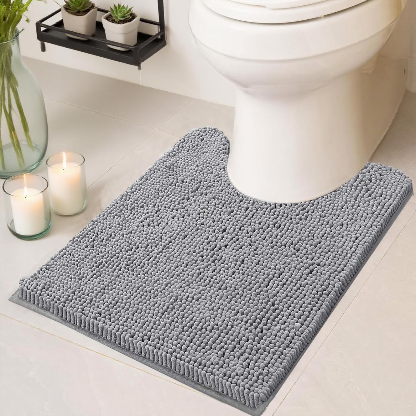 Toilet Rugs U Shaped Washable 20''x20'', Ultra Soft Absorbent Chenille Non Slip Contour red Rugs for Toilet,Dry Quickly, Machine Washable Bath Mats,Grey