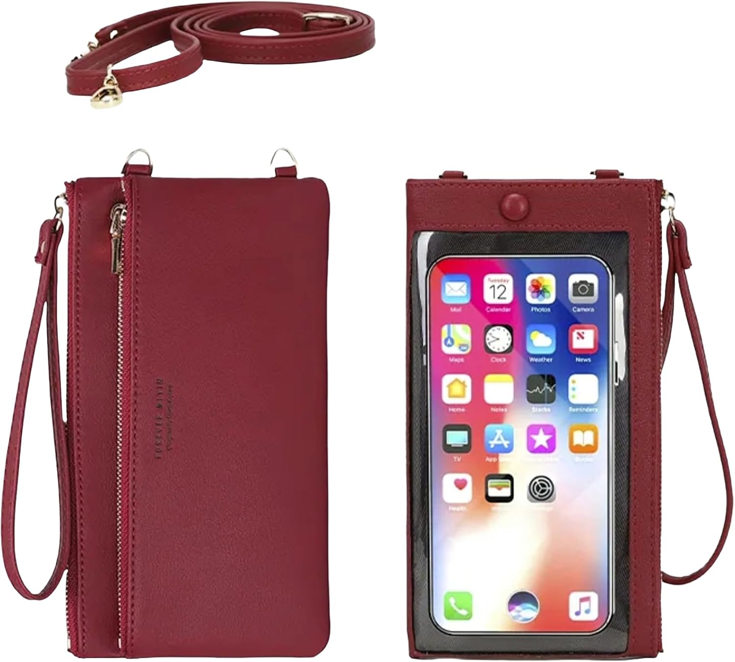 Aslana Women Faux Leather Long Wallet Wristlet Handbag with Touch Screen Clear Phone Window (Double Zipped Burgundy) - Image 3