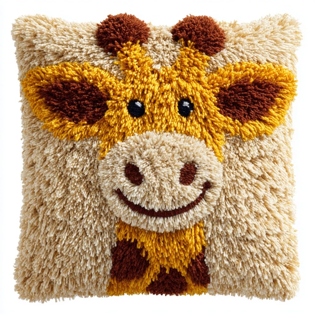 AMBATTERY Latch Hook Pillow Case Kits Animal Giraffe Embroidery Kit DIY Latch Hook Cushion Kits, 43x43cm