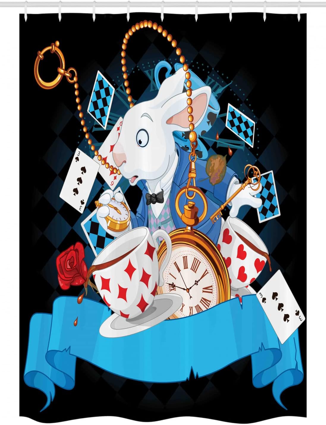 Ambesonne Alice in Wonderland Stall Shower Curtain, Rabbit Motion Cups Hearts and Flower Character Alice Cartoon Style, Fabric Bathroom Decor Set with Hooks, 54" W x 78" L, Dark Blue Charcoal Grey