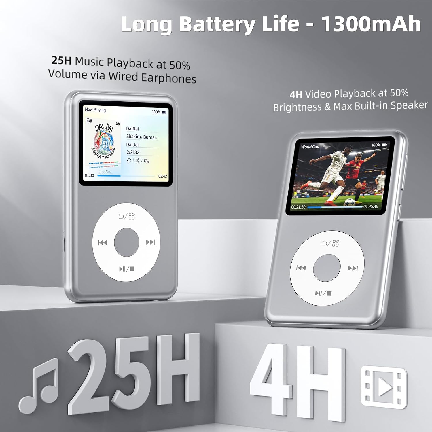 Two Innioasis Y2 MP3 Players, one displaying music playback and the other displaying video playback, with text indicating '25H Music Playback' and '4H Video Playback'.