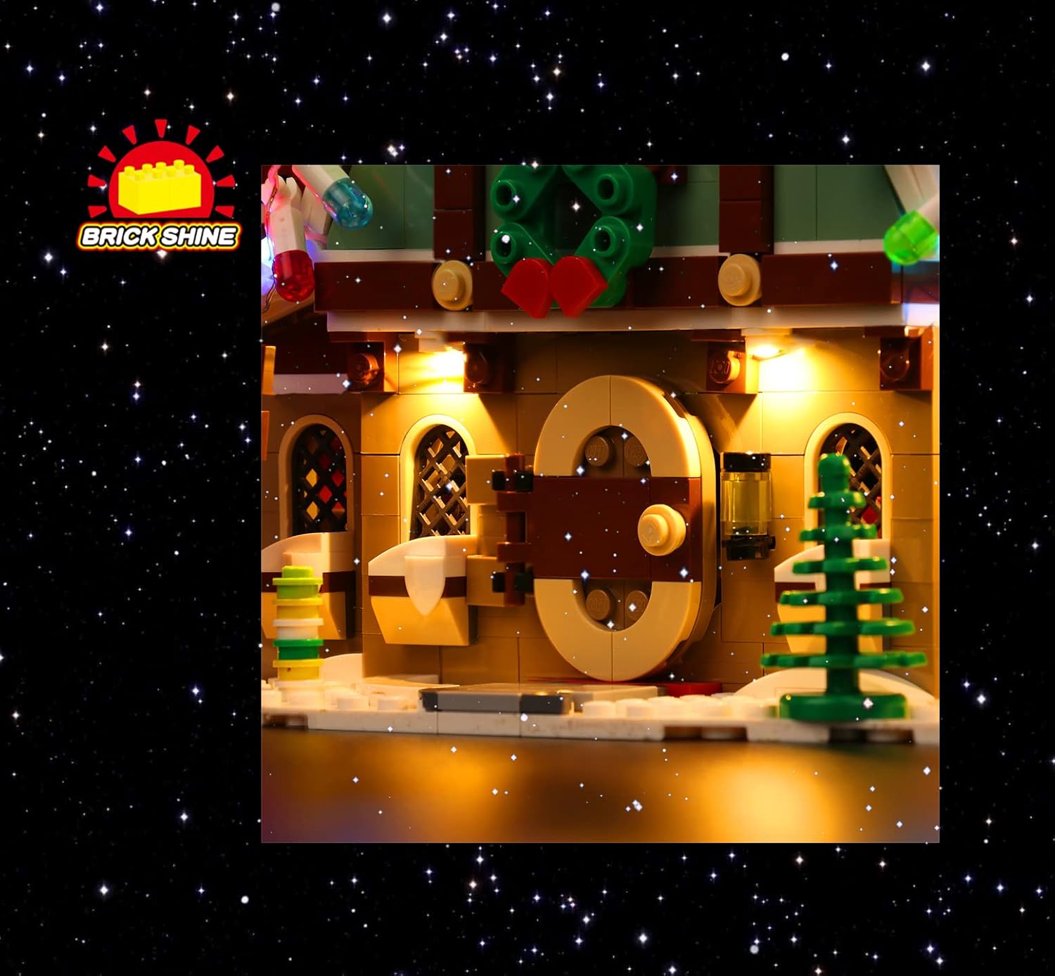 Close-up of the illuminated exterior of the LEGO Elf Club House 10275