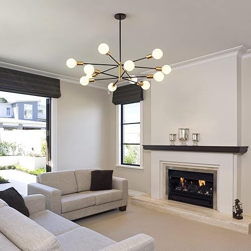 Miniatura 6 de Lámpara de Araña Moderna para Techo Sputnik Candelabros Dorado y Negro Candelabro de Granja Sobre Mesa de 12 Luces con Altura Ajustable para