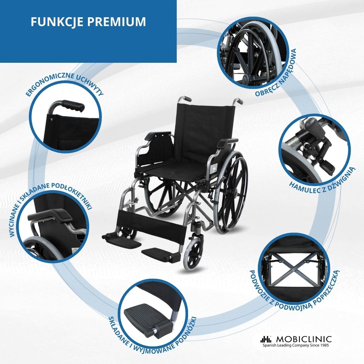 Mobiclinic, Giralda, składany wózek inwalidzki, ortopedyczny, dla niepełnosprawnych, aluminium, zdejmowany podnóżek i składane podłokietniki, czarny, siedzisko 46 cm, bardzo lekki