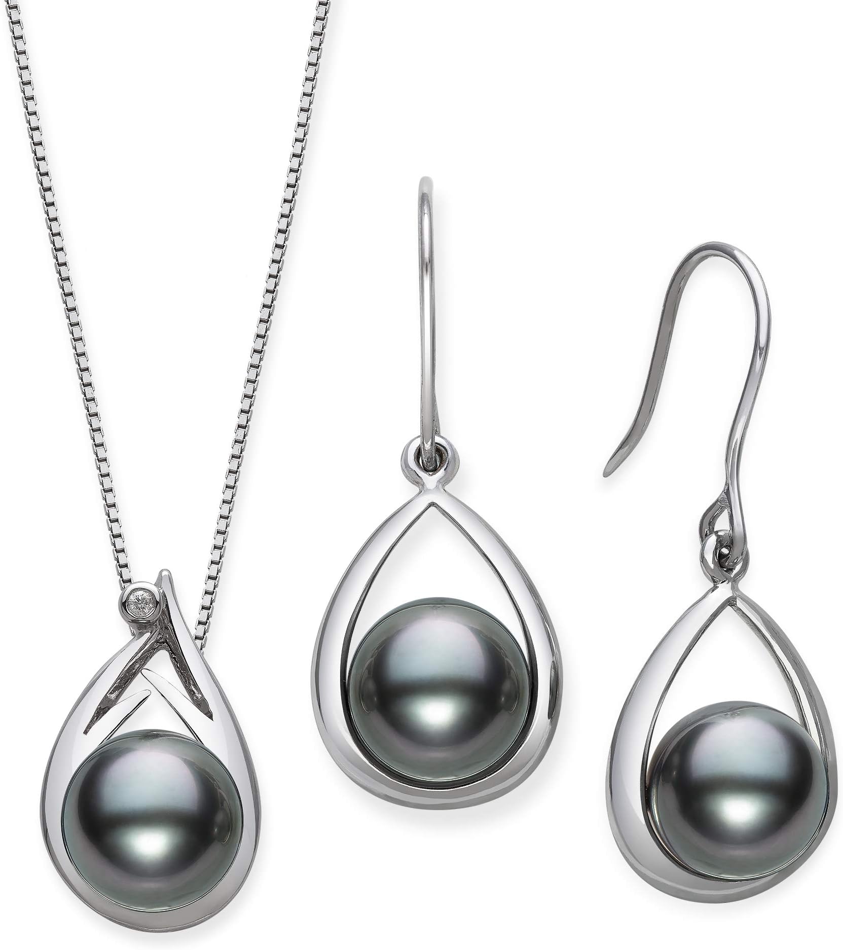 Tahitian Black Pearl Diamond Pendant and Drop Dangle Earring Set in Sterling Silver, 18"