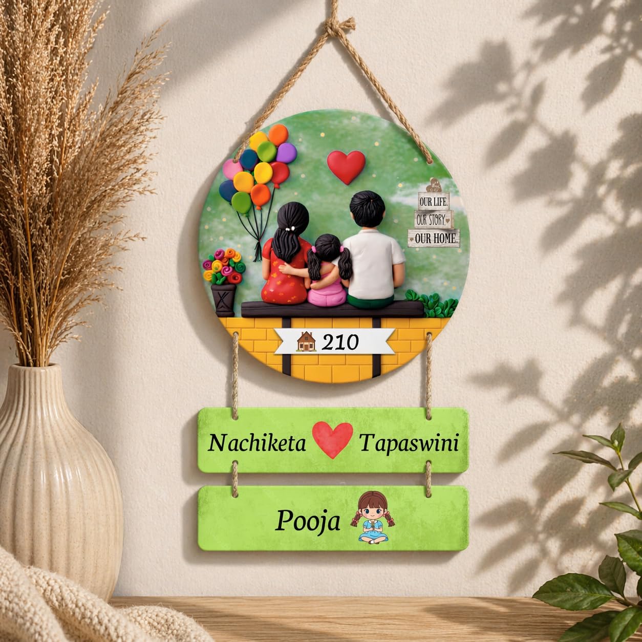 Personalized Family Name Plate Wall Hanging with Rope | Customized Couple & Kids Name Board | Round MDF Home Decor Sign | Housewarming Gift | Door/Wall Hanging Plaque - 18 x 11 Inches-image-7