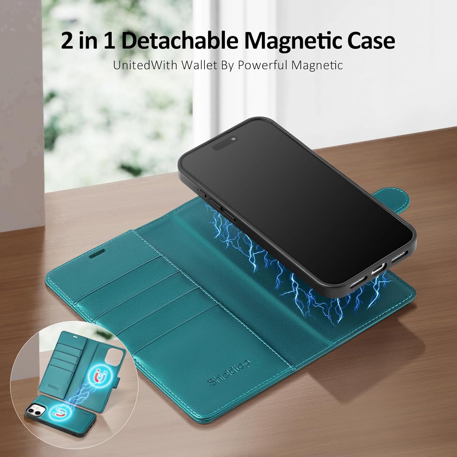 Shieldtop Compatible Magsafe Magnetic 2 in 1 Detachable iPhone 11 Wallet Case with Card Holder Credit Card Slots Men Women,PU Leather RFID Blocking Flip Kickstand for Apple 11 6.1",Blue Green