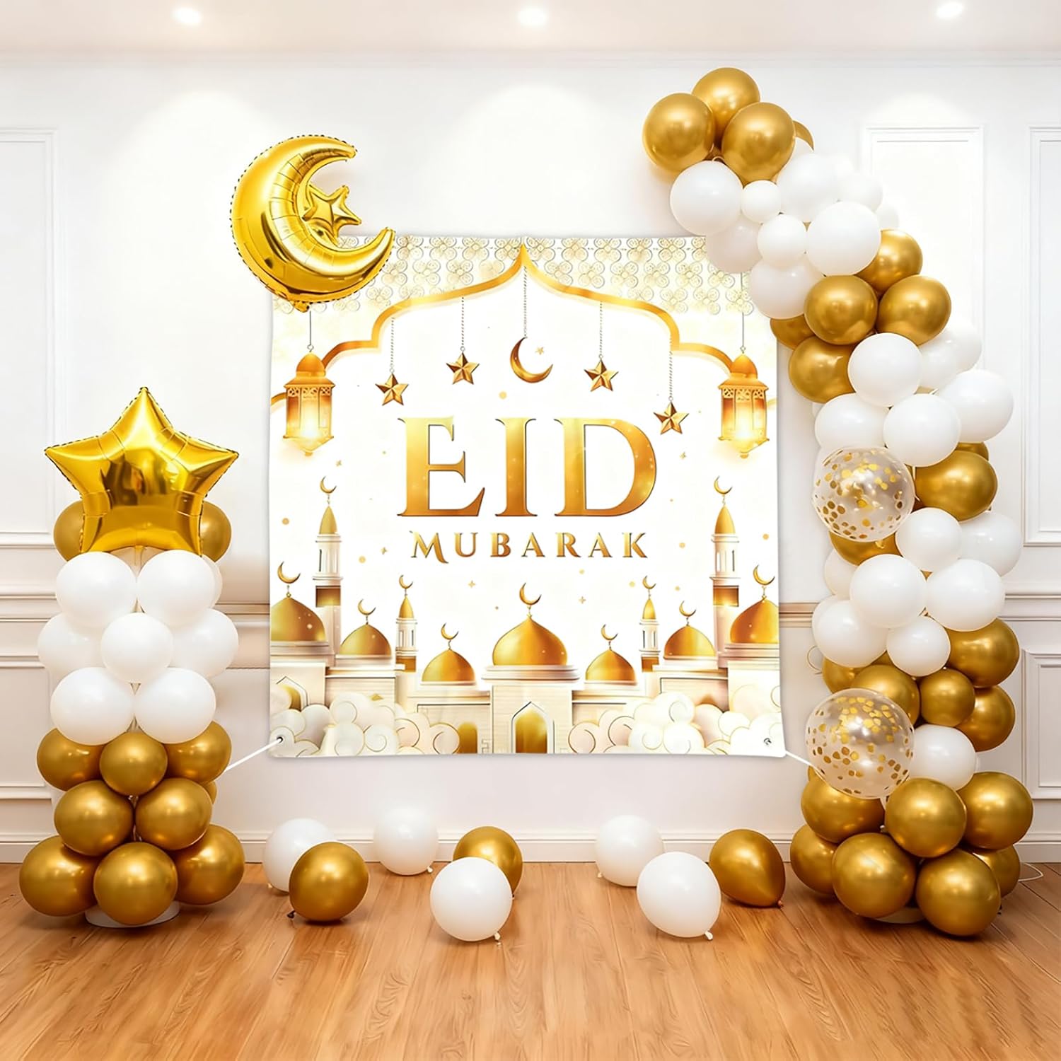 Eid Mubarak Decorations 70PCS White Gold Ramadan Confetti Balloons with Mubarak Moon Star Foil Balloon, Backdrop for Eid Party Supplies, Ramadan Balloon Decorations