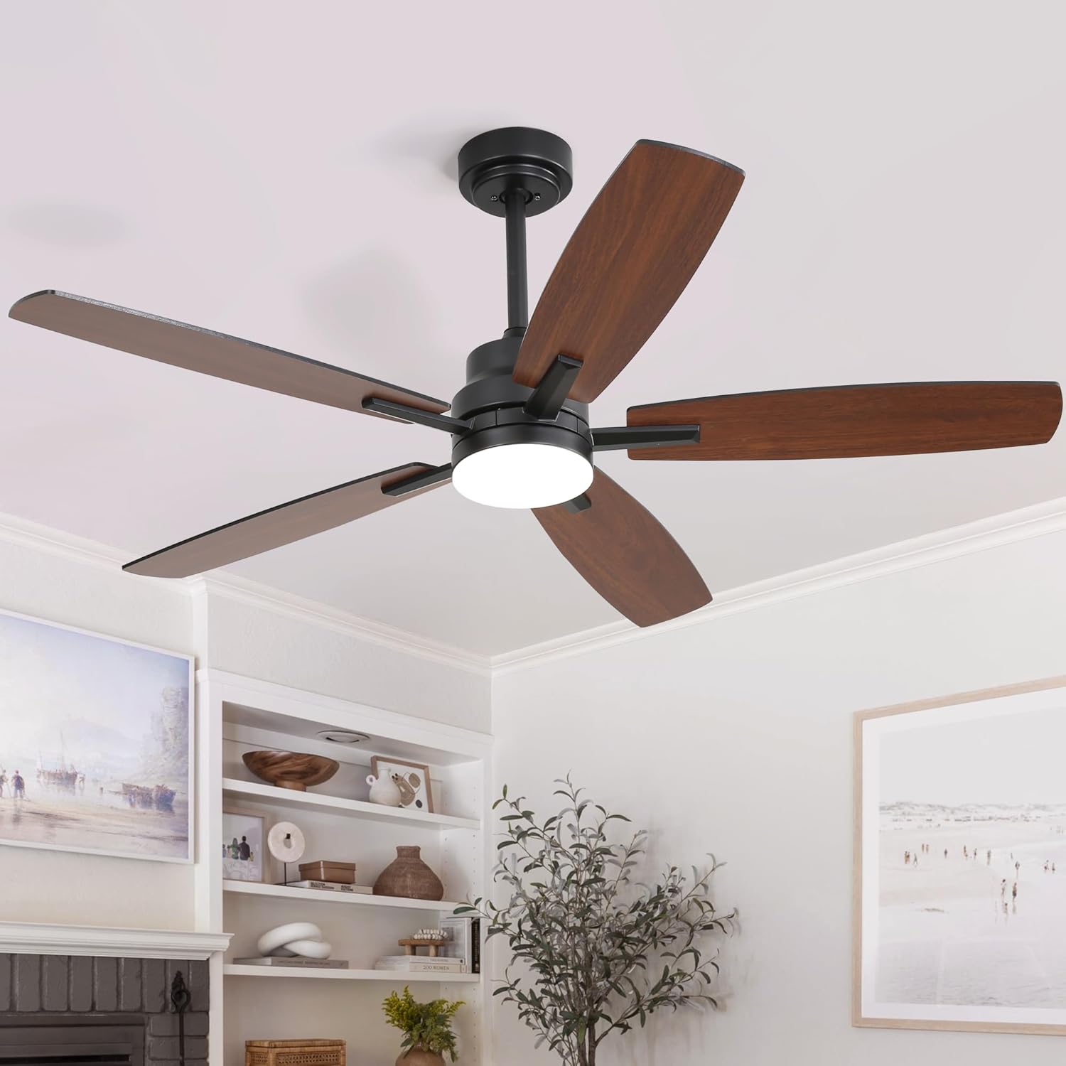 52" Remote Control Ceiling Fan with Light – 6-Speed Quiet DC Motor, Dimmable 3-Color LED, Flush Mount for Bedroom, Living Room, Dining Room,BLACK