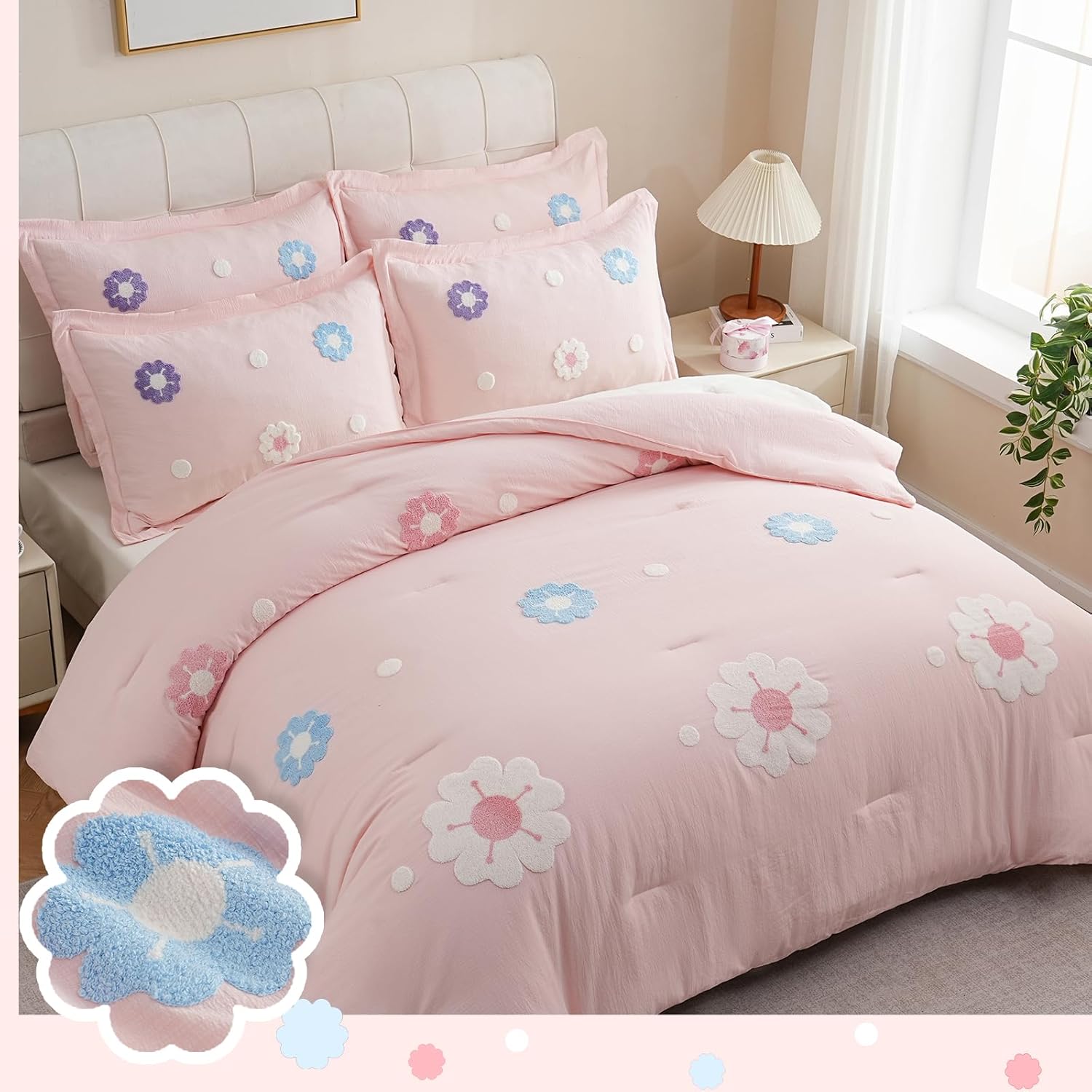 Tufted Floral Bedding Set with Pink-Centered Flowers - Machine Washable, Double Stitched Durable, Cozy All-Year Quilt + Pillow Shams for Minimalist Shabby-Chic Rooms(Flower-Twin 001)