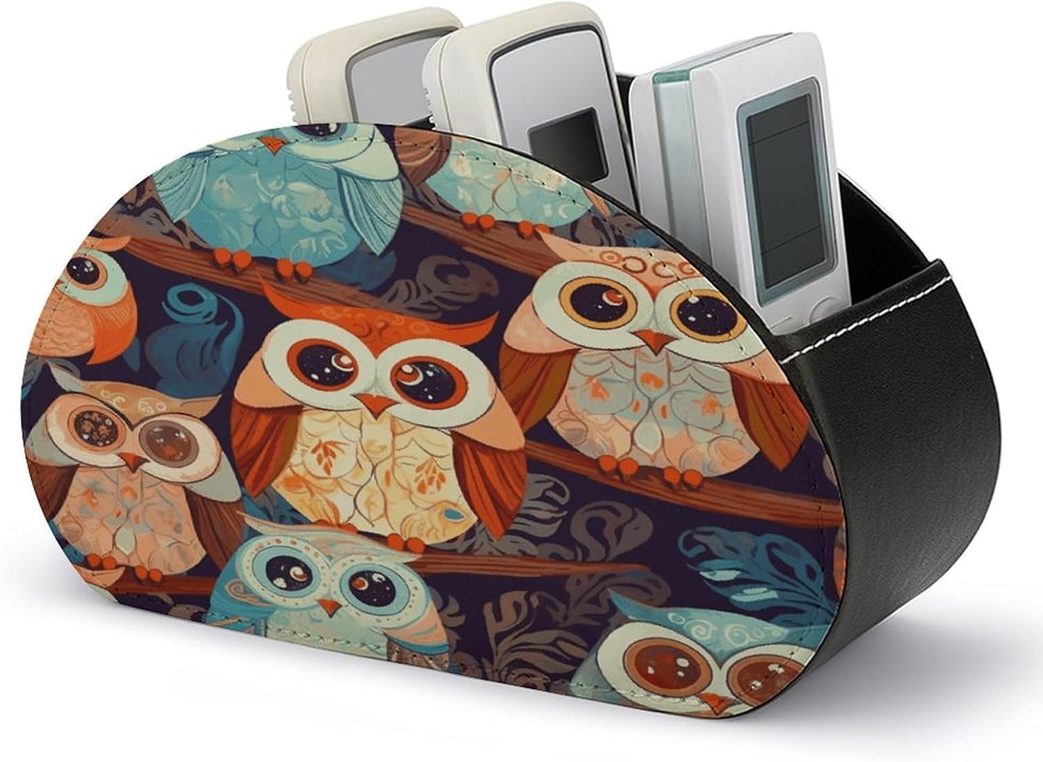 Anime Owl Remote Control Holder TV Desktop Organizer with 5 Compartments PU Leather Remote Caddy Multi-Functional Office Desk Storage Box for DVD Media Player