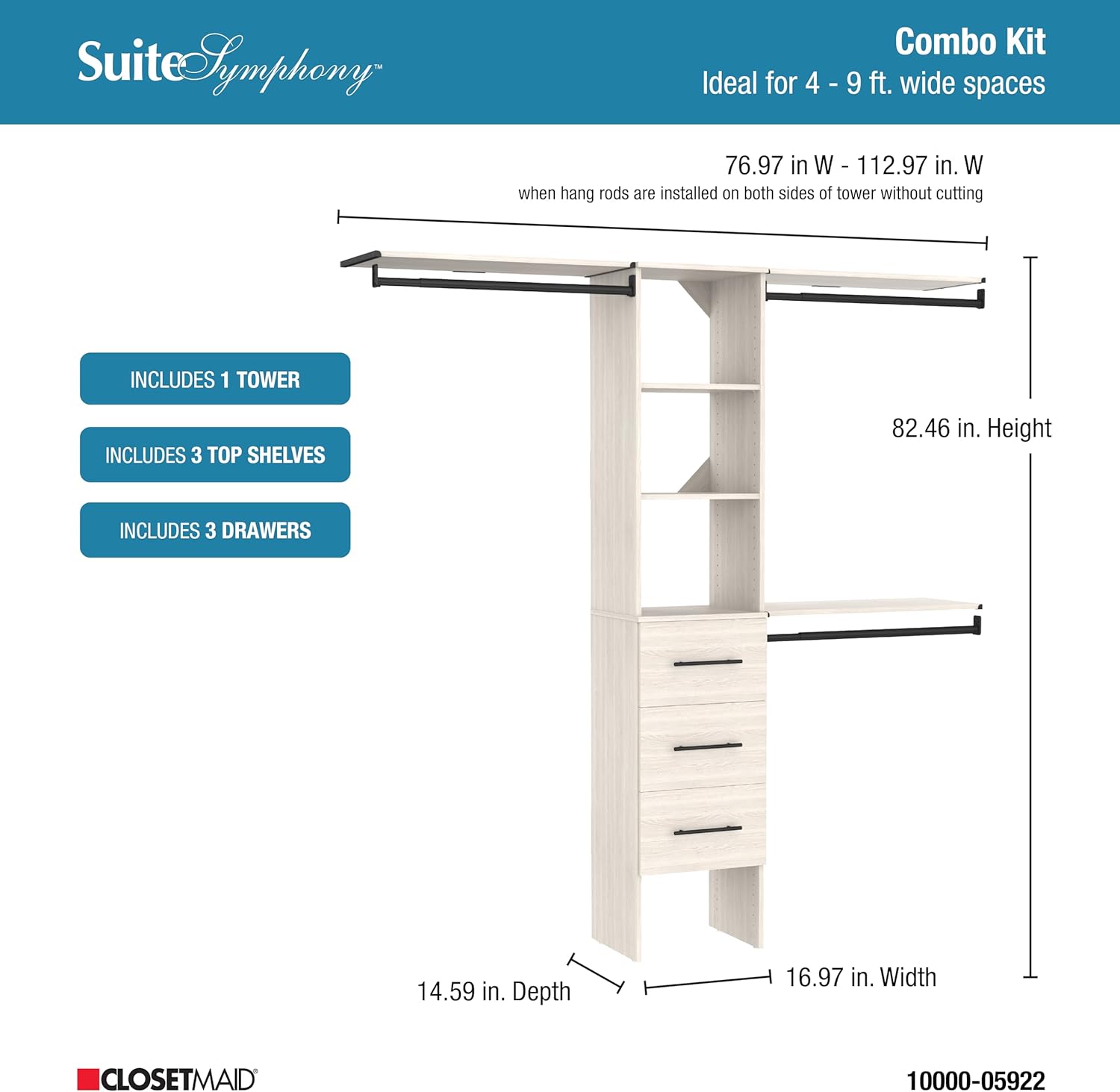 ClosetMaid SuiteSymphony 16-Inch Closet System Tower with (3) Hanging Rods, (3) Drawers, and (3) Top Shelves, White Timber