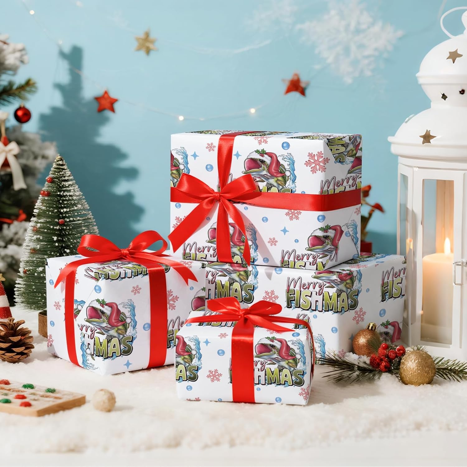 RUSPEPA Funny Christmas Wrapping Paper Roll, Mini Roll, Merry Fishmas with Santa Hat Bass Design, Red and Blue Snowflakes Gift Wrap for Kids, Boys, Family, Xmas Holiday Gifts, 17 Inches x 16.4 Feet image 3