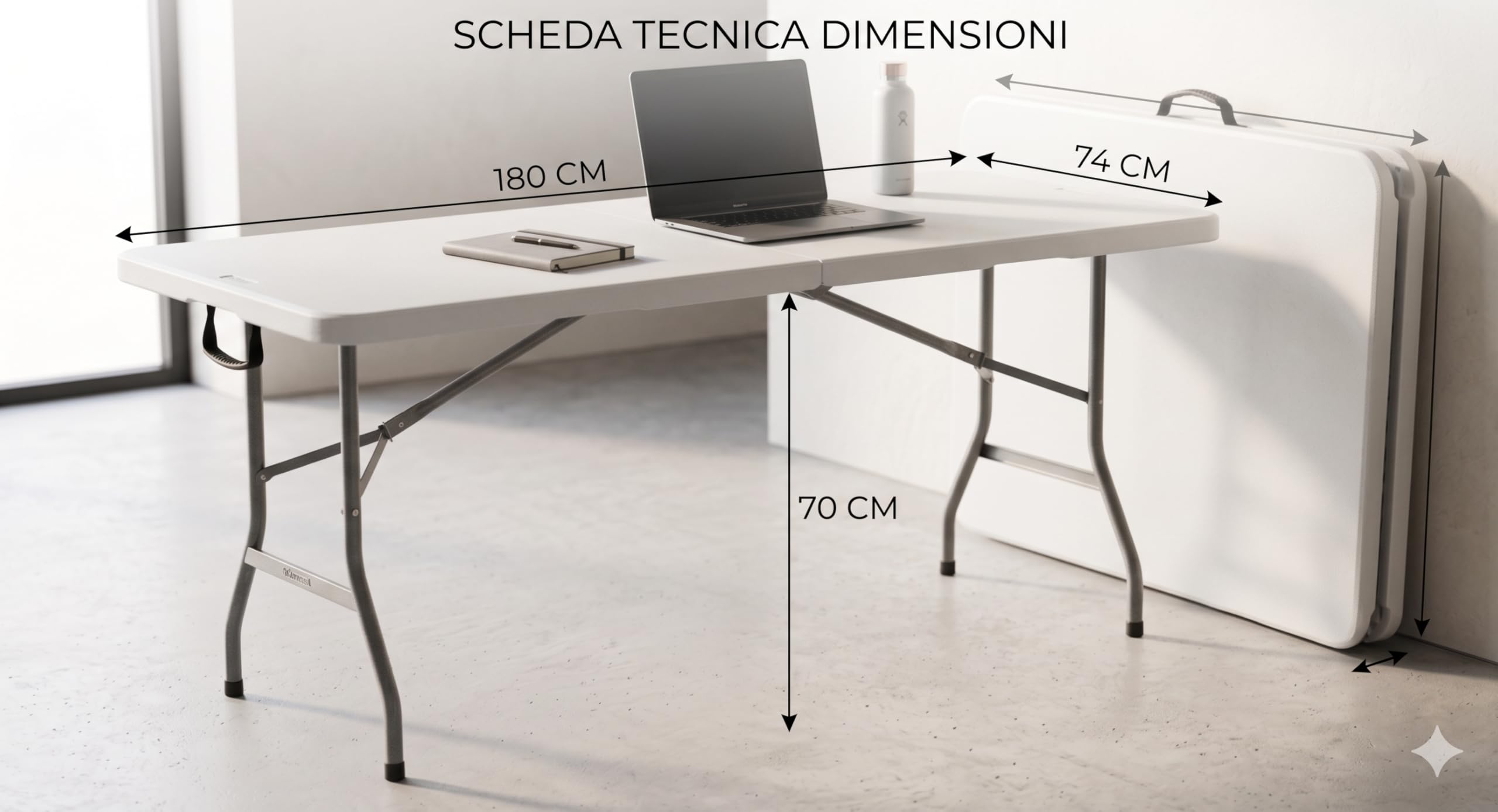 BERARDI | Tavolo pieghevole in resina bianca, 180x70x74 cm, portatile con maniglia, per sagra, campeggio, birreria, catering, casa, fiere