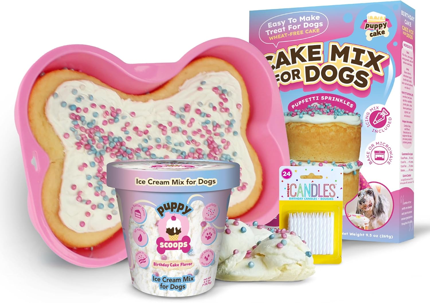 Dog Birthday Cake & Ice Cream Kit – Fluffy, Moist Cake with Pupfetti Sprinkles, Vanilla Flavor Ice Cream, Pink Bone Pan & 24 Candles. All-Natural, Made in USA