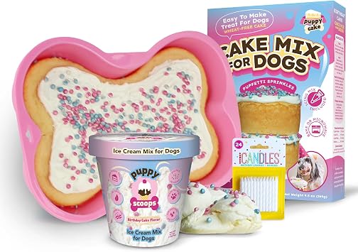 Dog Birthday Cake & Ice Cream Kit Fluffy, Moist Cake with Pupfetti Sprinkles, Vanilla Flavor Ice Cream, Pink Bone Pan & 24 Candles. All-Natural, Made in USA