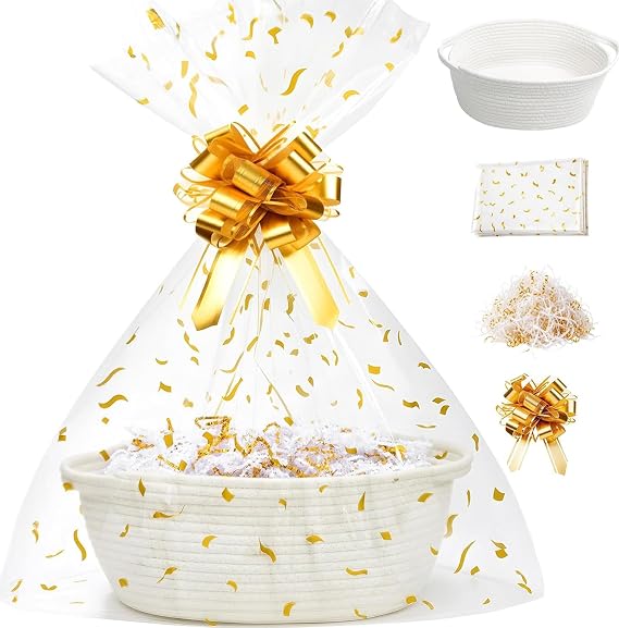 SUNCOLOR Small Woven Gift Basket Set with Cut Paper Shred Filler, Pull Bow & Cellophane Bag, 12x8x5 Inch Durable Cotton Rope Storage Basket for Easter, Baby Shower, Birthday